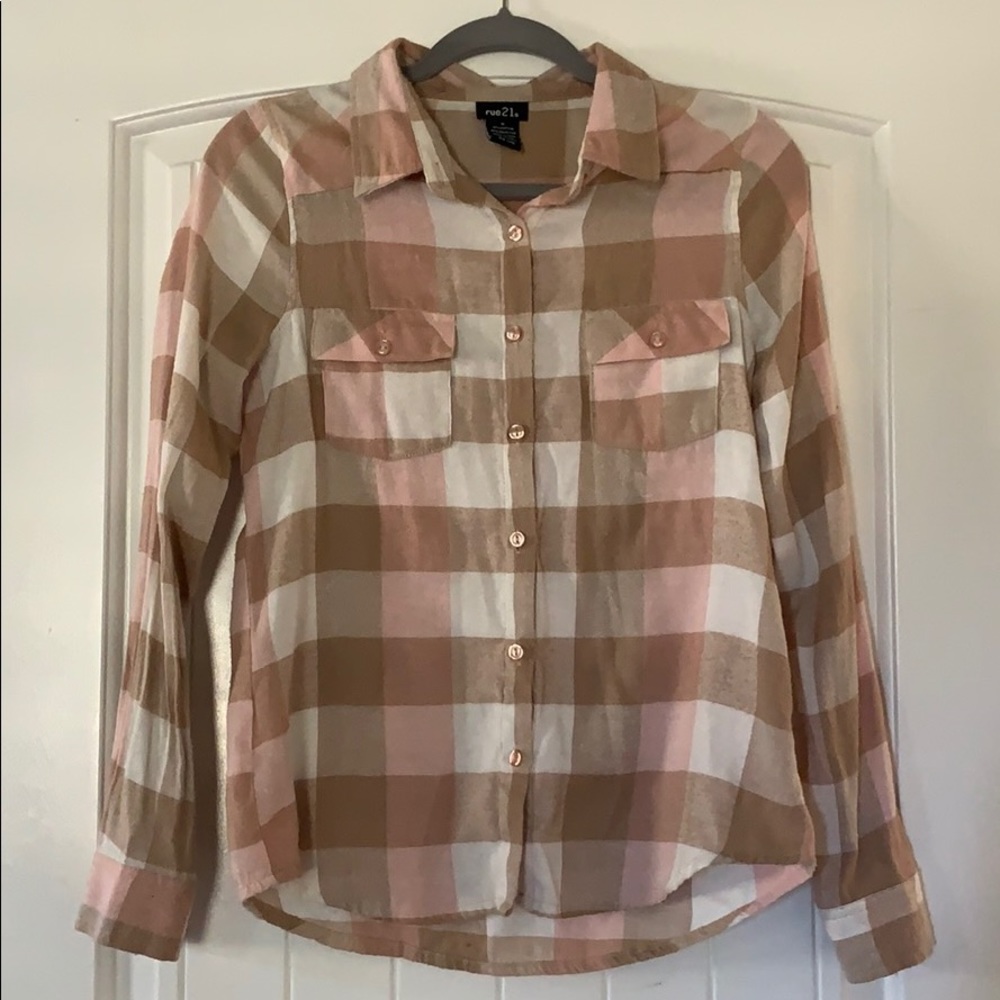 Rue21 Brown, Pink, and White Button Down Flannel